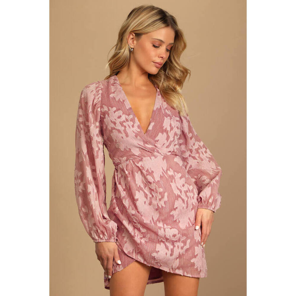Lulus Meant To Shine Mauve Floral Jacquard Long Sleeve Mini Dress Pink -M NWT